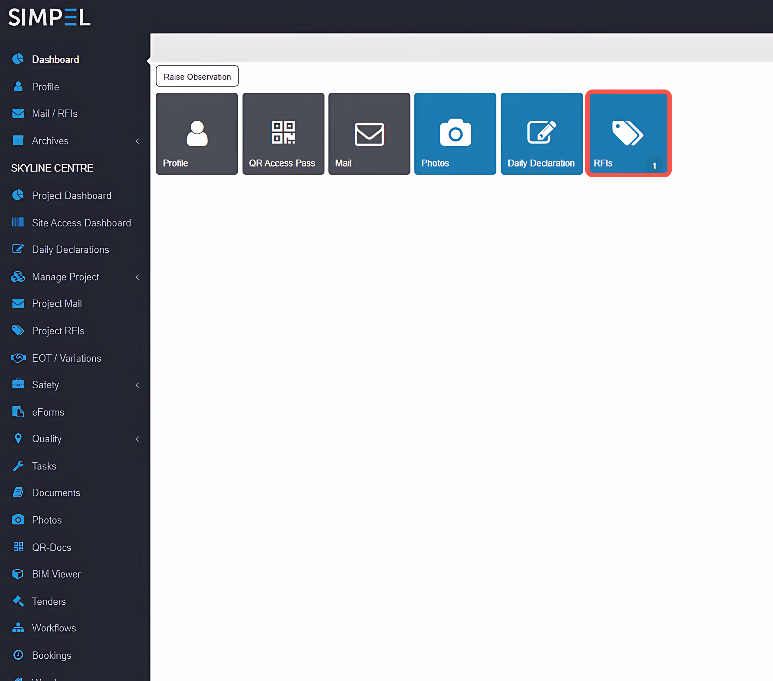 Screenshot of a user dashboard on Simpel with an outstanding construction RFI to be actioned