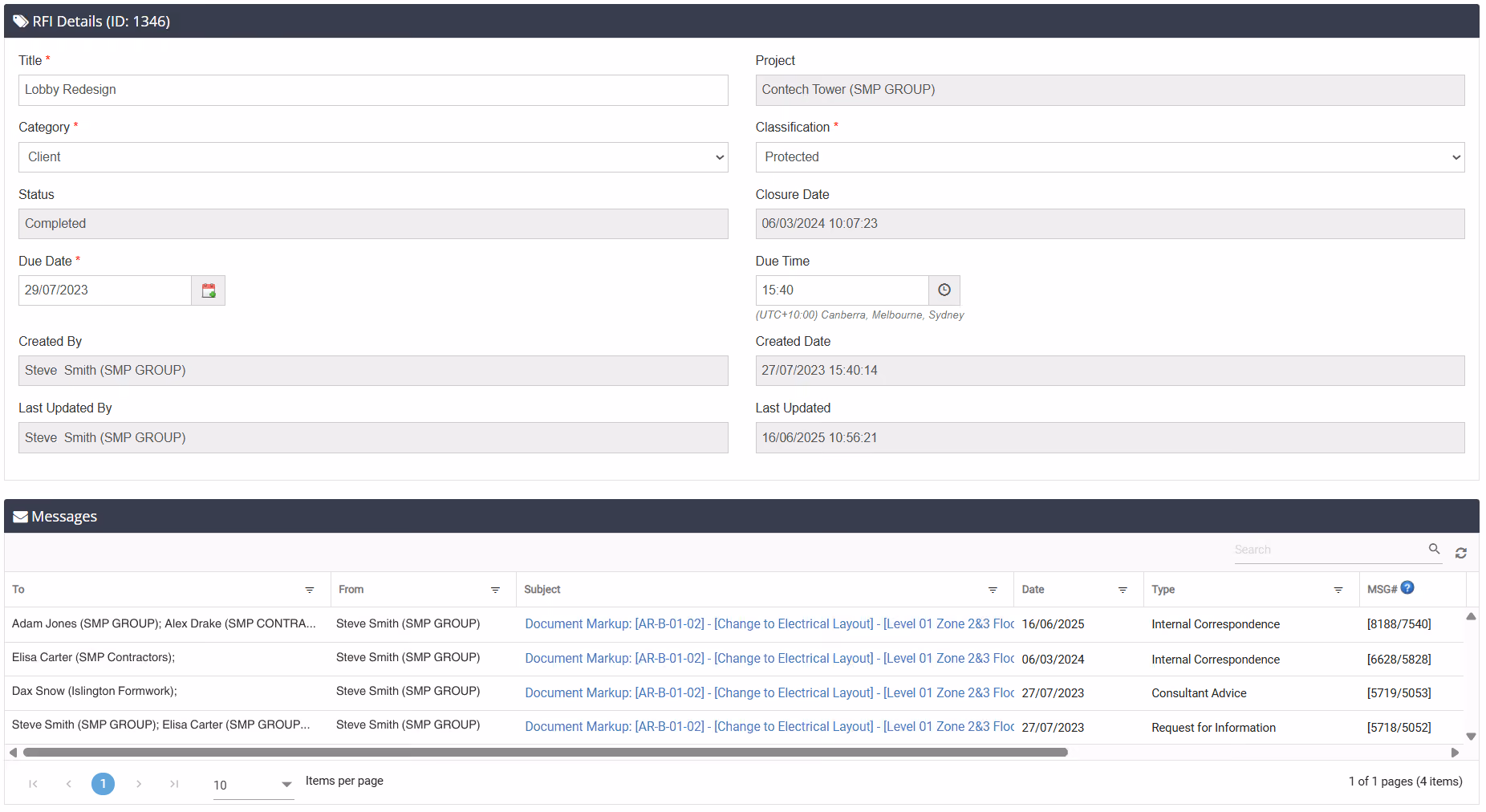 Screenshot of RFI details and message thread in Simpel