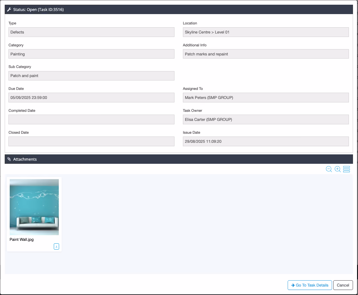 Screenshot of an open construction defecting task in Project Simpel