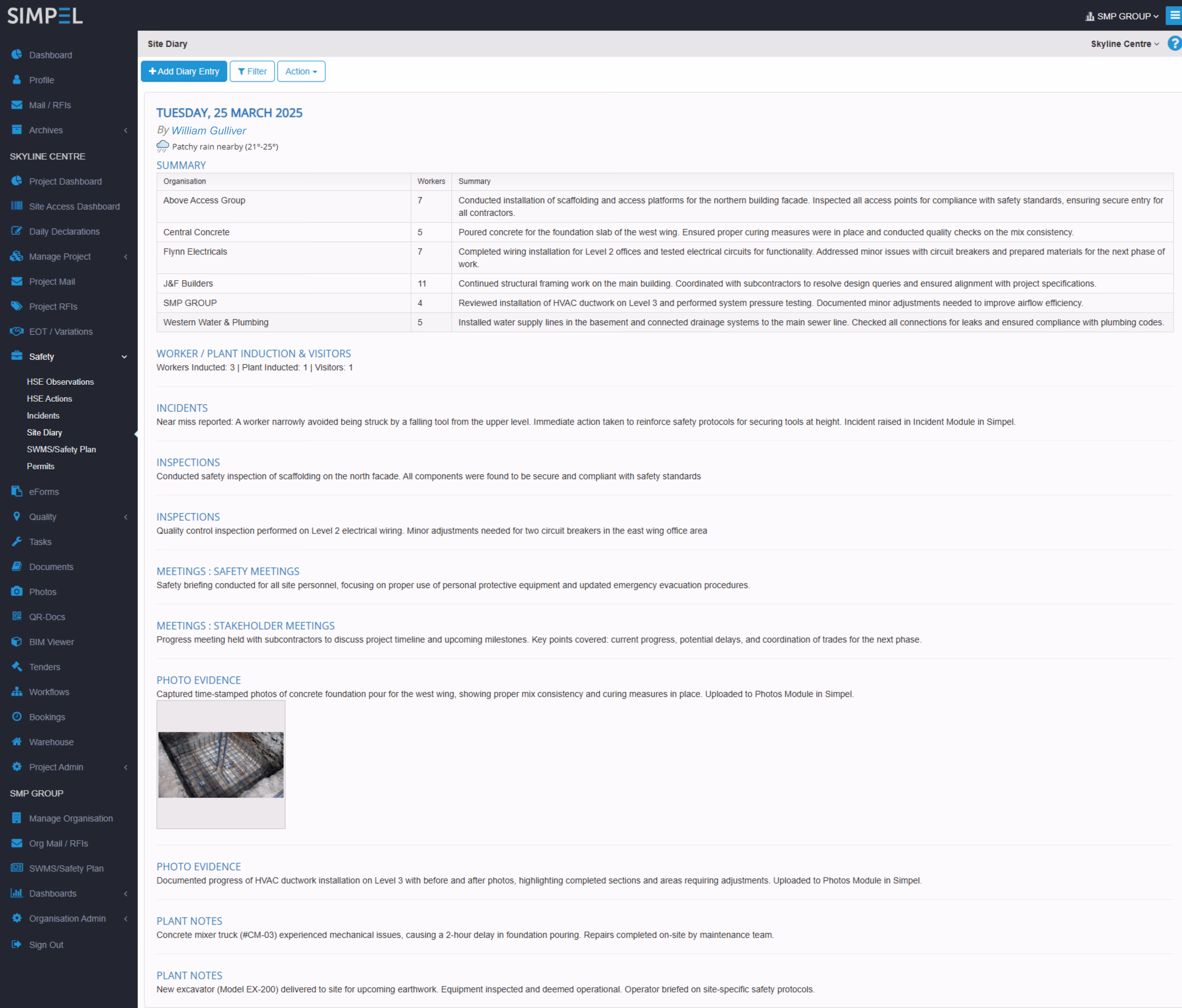 Example of a Site Diary built in Simpel