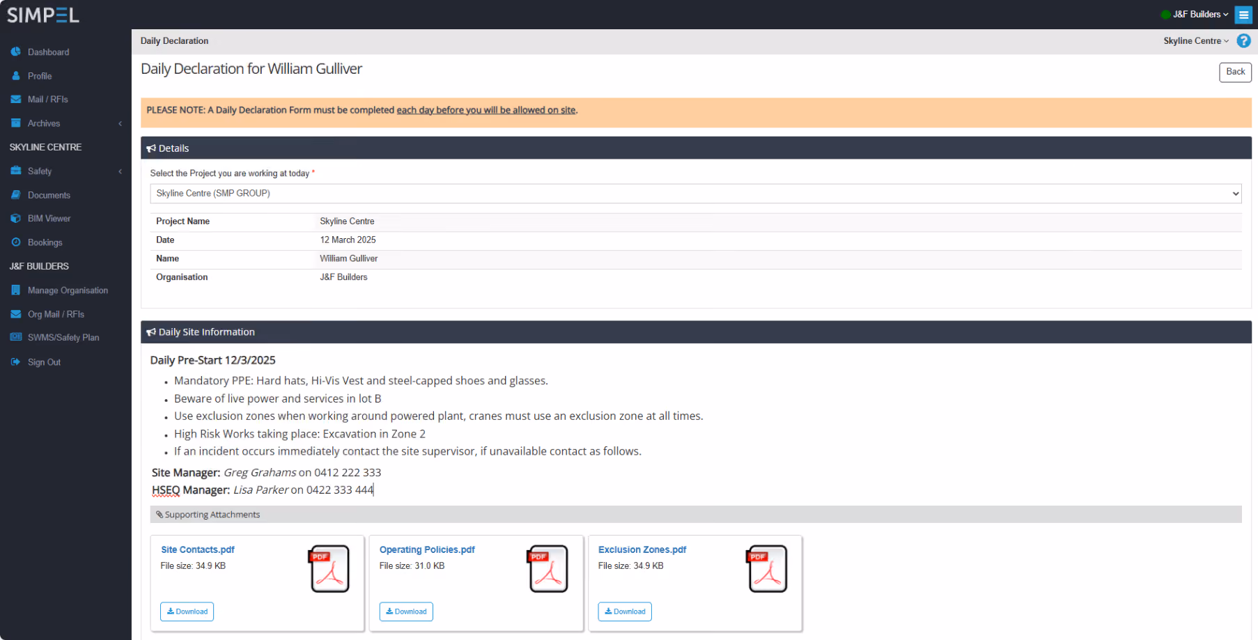 Screenshot of Simpel's Daily Declarations module showing the Daily Pre Starts subcontractors complete every morning