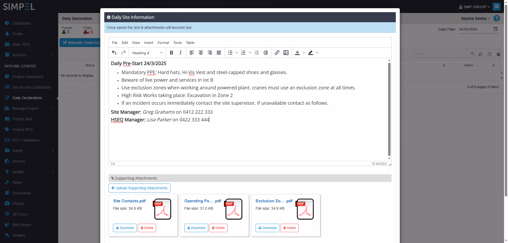 Screenshot of Simpel's Daily Declarations module showing the Daily Pre Starts subcontractors complete every morning