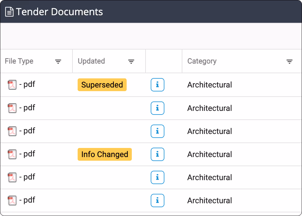 Image of Simpel's Tender Document Management register showing superseded document feature