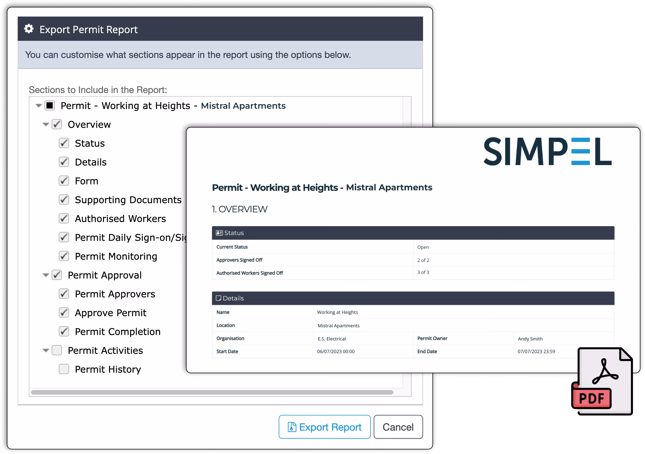 Simpel's 'Export Permit Report' customisation window and the pdf results.
