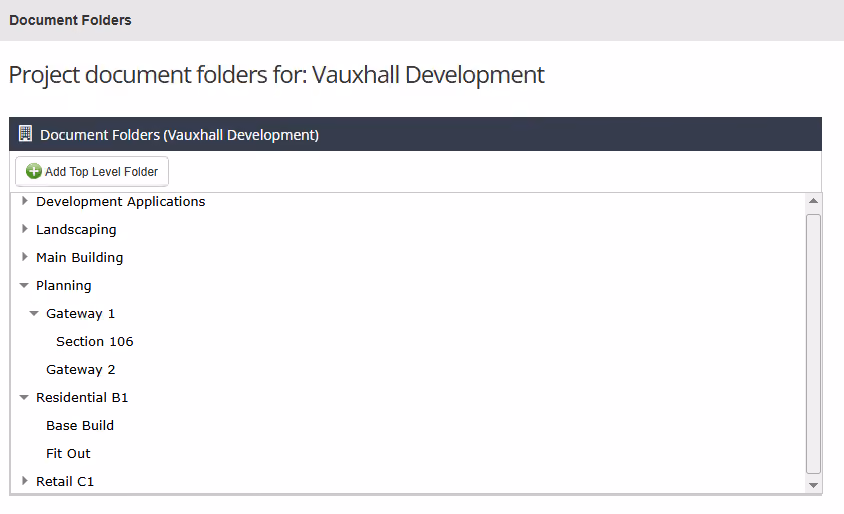 Screenshot of folders in Simpel's Document Register with an example hierarchy for tracking the Building Safety Act Gateways