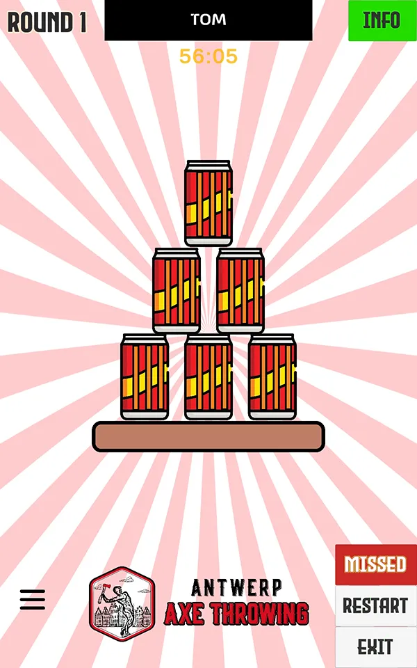 Geprojecteerd bijlwerpspel bij Gent Axe Throwing: gooi blikjes omver met een bijl in het Carnival Cans spel