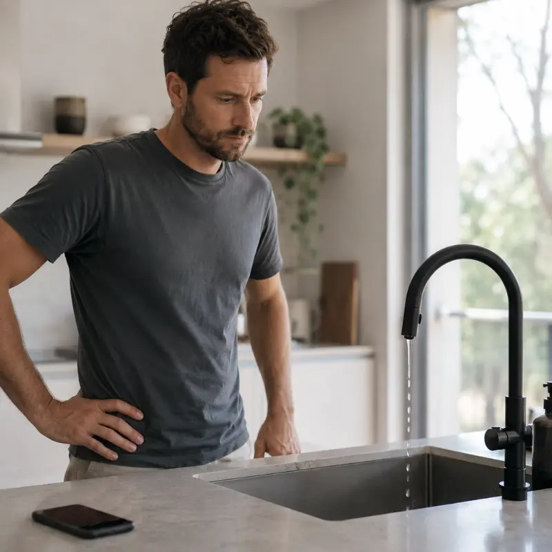 Frustrated Melbourne tradesperson looking at a smartphone representing cold leads and lost jobs