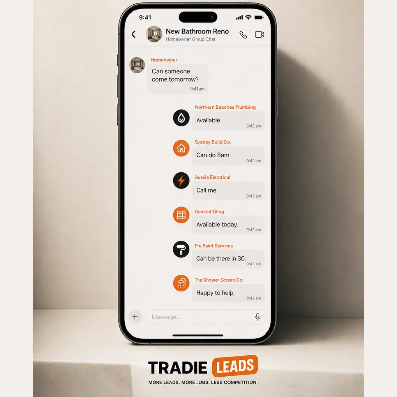Smartphone interface demonstrating how shared leads invite multiple tradies to compete for the same local job