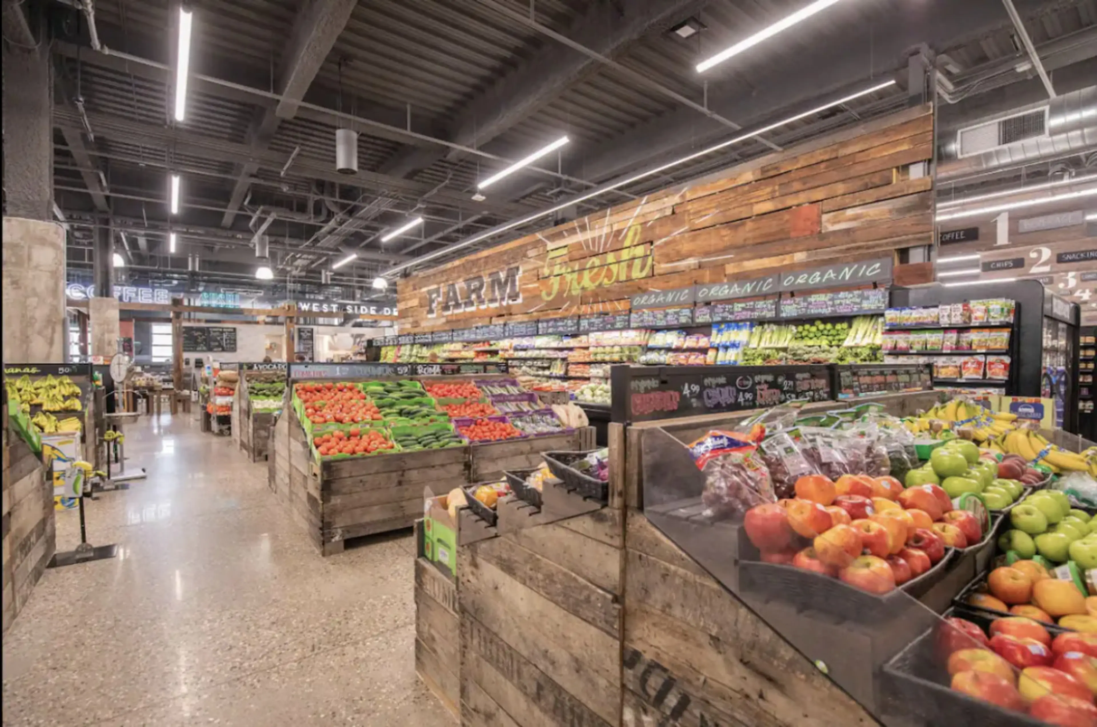 Produce aisle of the grocery market on the ground floor of a Nearwell building