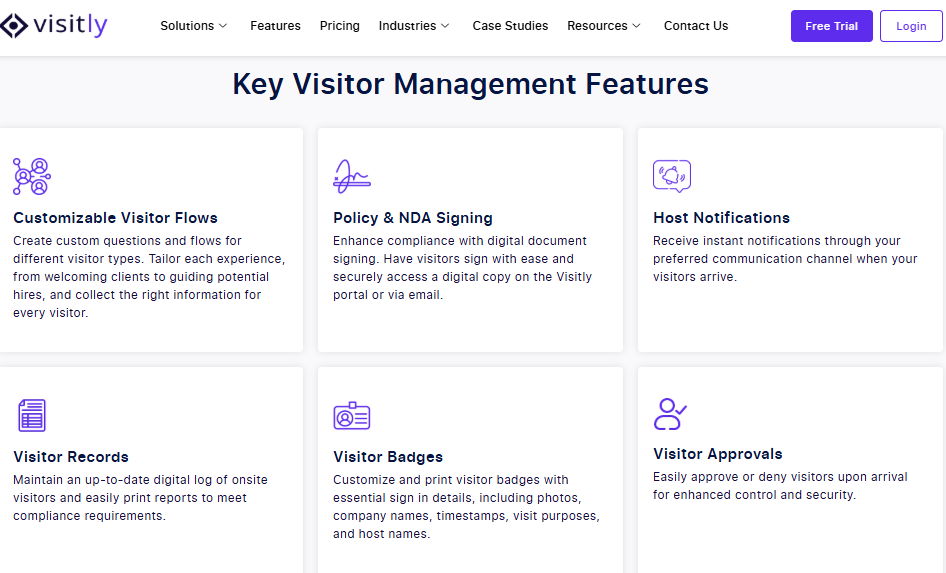Key Visitor Management features page screenshot from Visitly website