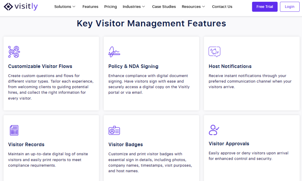 Visitly key features with all the available features noted down