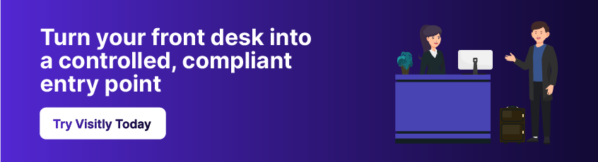 Visitor check-in kiosk with automated screening, badge printing, and approval workflow ensuring secure facility access