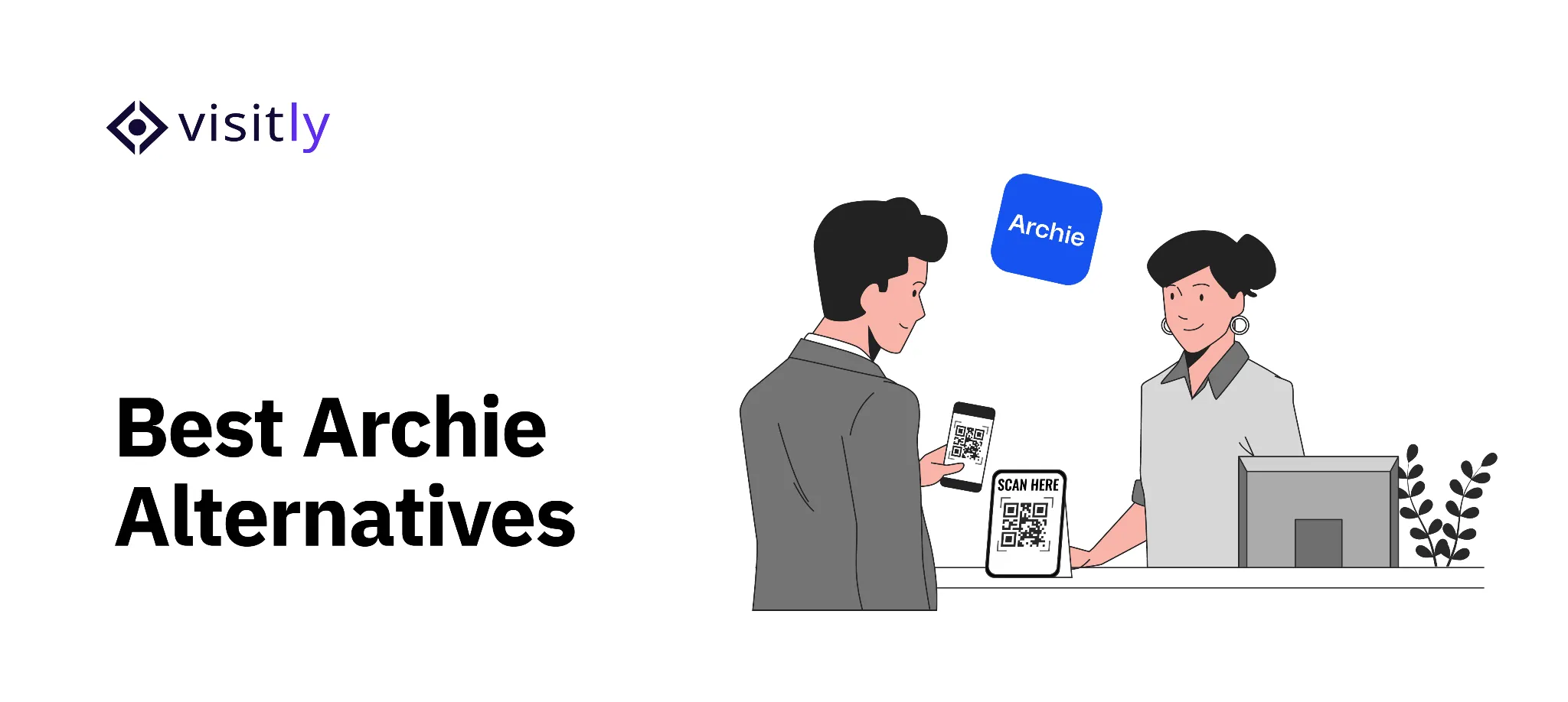 Two people scanning a QR code at a front desk beside the Archie logo