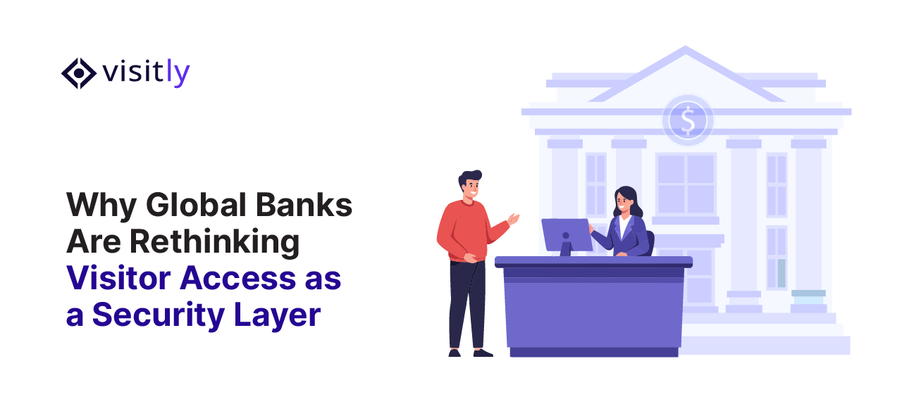 Visitor talking to a receptionist at a desk in front of a bank building