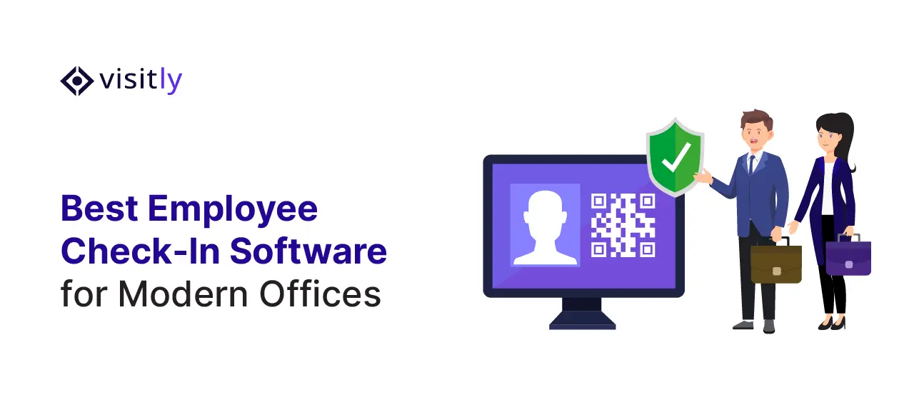 Two office workers beside a monitor showing a profile, QR code and green shield