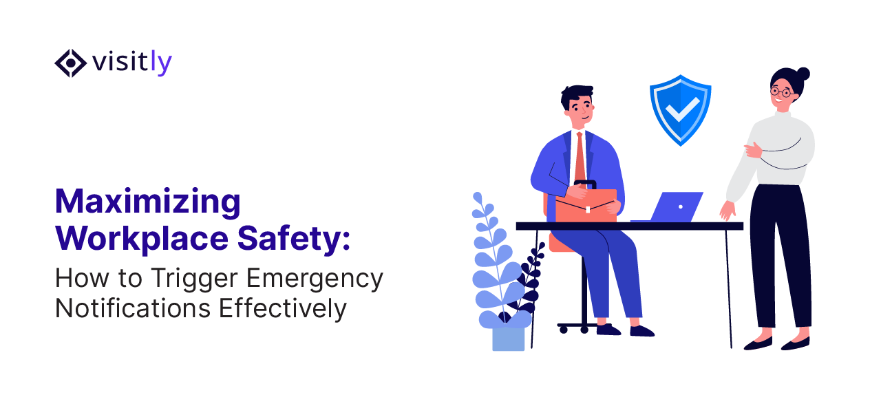 Seated man with a laptop and a standing woman beside a blue shield check mark