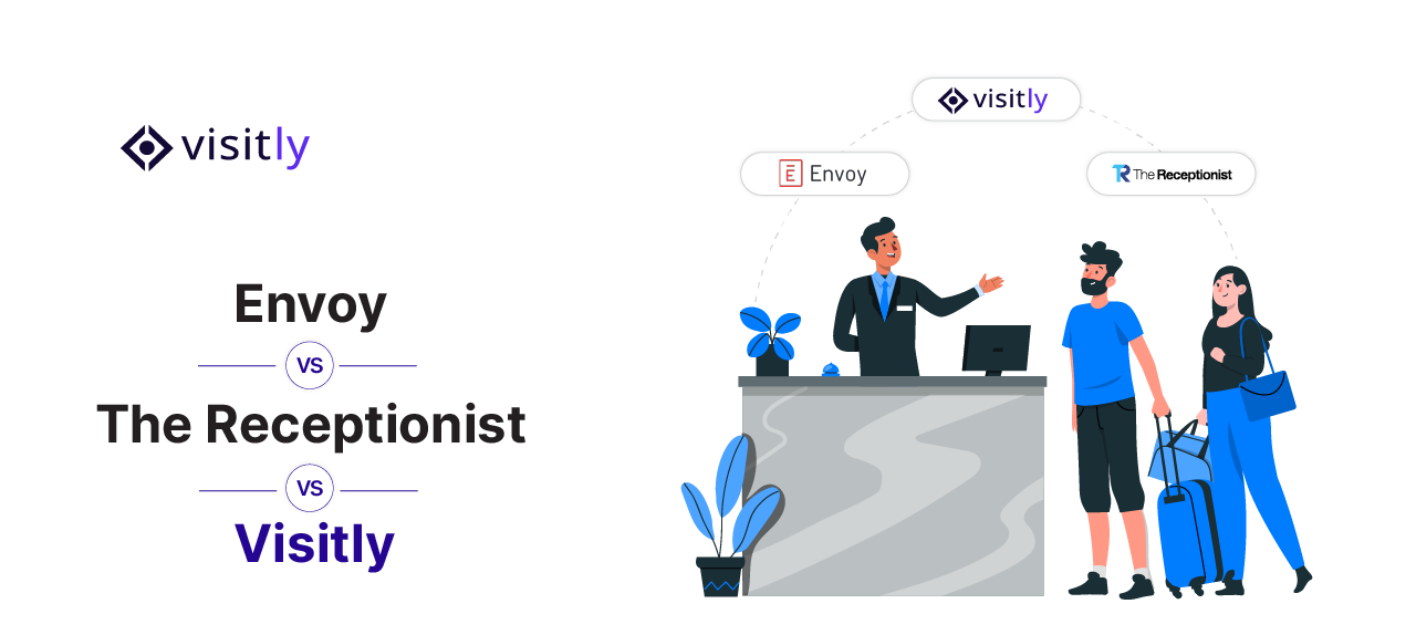Receptionist greeting two travelers beneath Visitly, Envoy and The Receptionist logos