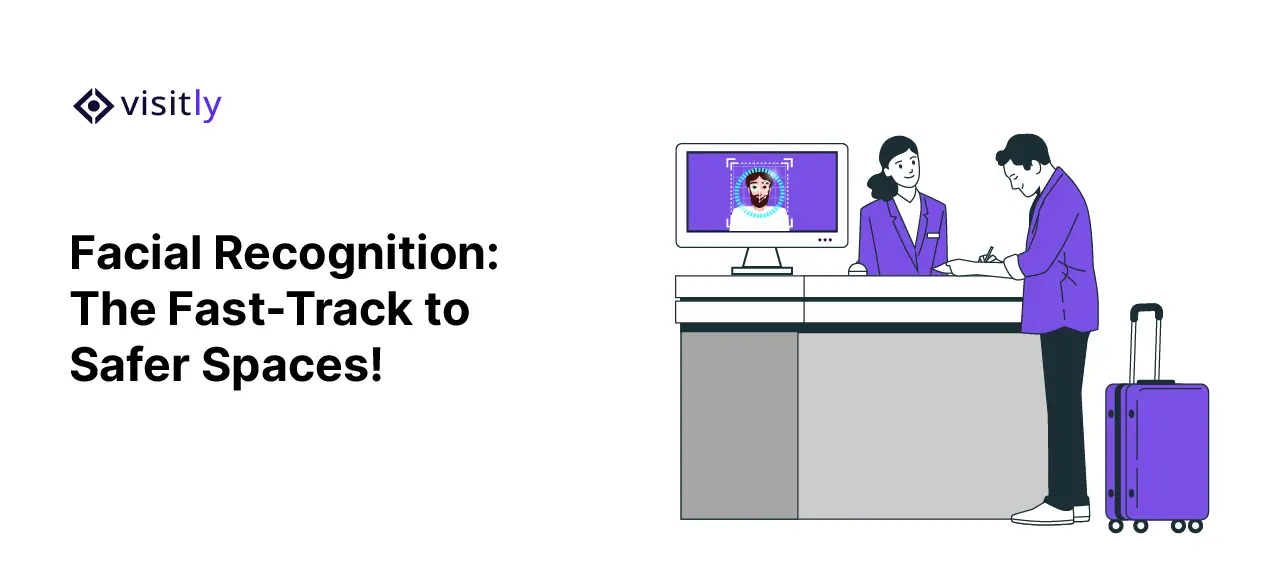 Visitor signing in at a reception desk while a monitor scans his face
