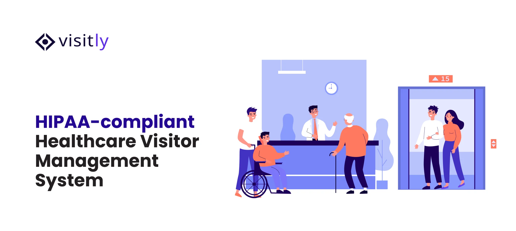 Patients at a hospital reception desk, one in a wheelchair, beside an elevator