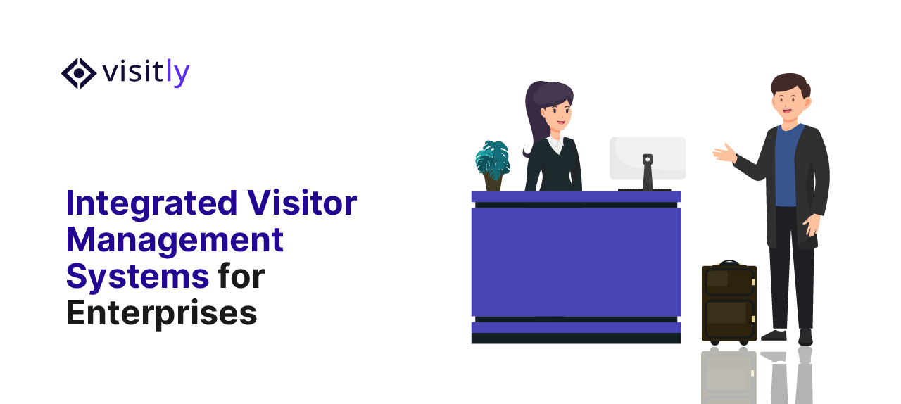 Visitor with a suitcase gesturing to a receptionist behind a blue desk
