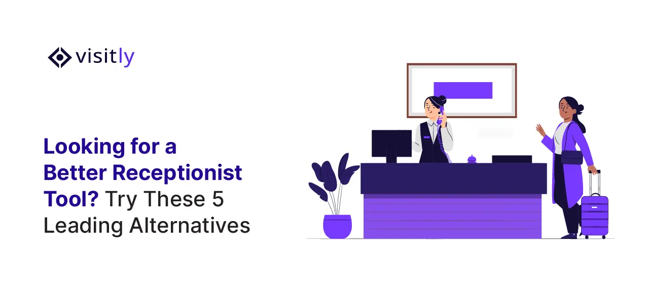 Receptionist on the phone at a front desk as a visitor with a suitcase waves
