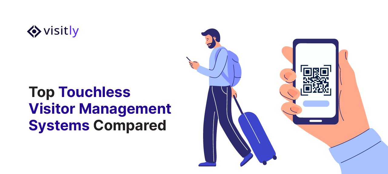 Traveler with a suitcase checking his phone beside a hand holding a QR code screen
