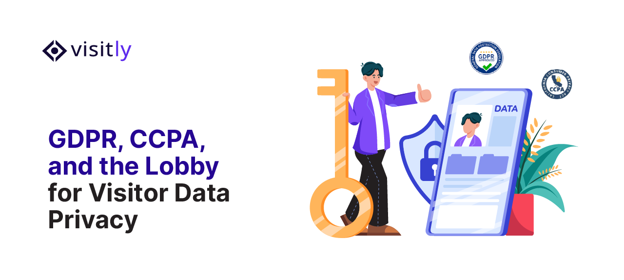 Man beside a large key, a padlocked shield and GDPR and CCPA badges