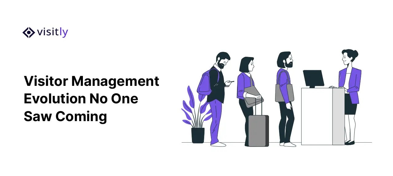 Three visitors, one with a suitcase, queuing at a reception counter