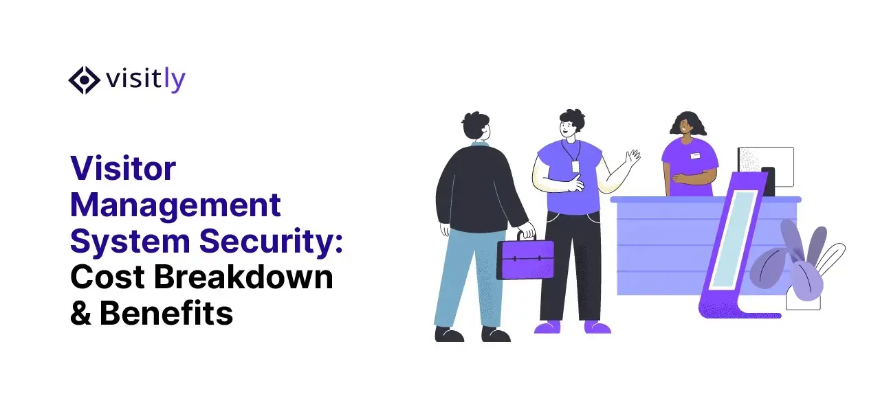 Two visitors, one with a briefcase, approaching a receptionist and a sign-in kiosk