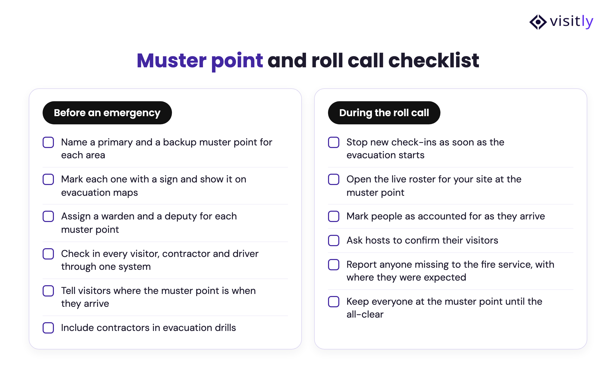 Muster point and roll call checklist: six steps before an emergency and six during the roll call