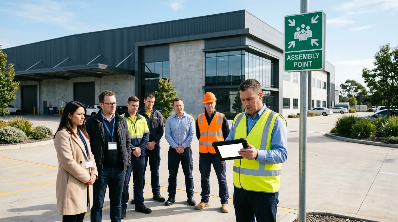 Fire warden with a tablet taking a roll call of employees, visitors and a contractor at an assembly point sign outside a manufacturing building