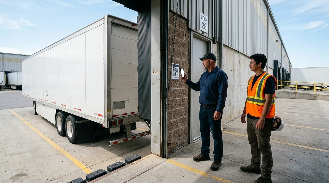 Truck driver scanning a QR code at a warehouse loading dock to check in while a dock worker in a hi-vis vest waits beside the trailer