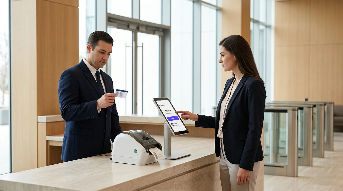 Security officer at a lobby front desk checking a visitor's ID card while the visitor signs in on a Visitly kiosk beside a badge printer, with entry turnstiles behind
