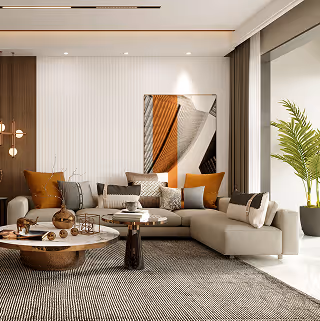 Modern living room with light gray sectional sofa, brown cushions, round coffee tables, and large window with plant.