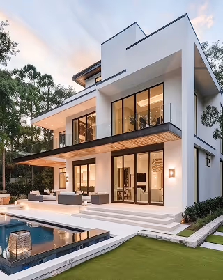 Modern two-story white house with large windows, outdoor seating, and a pool at dusk.