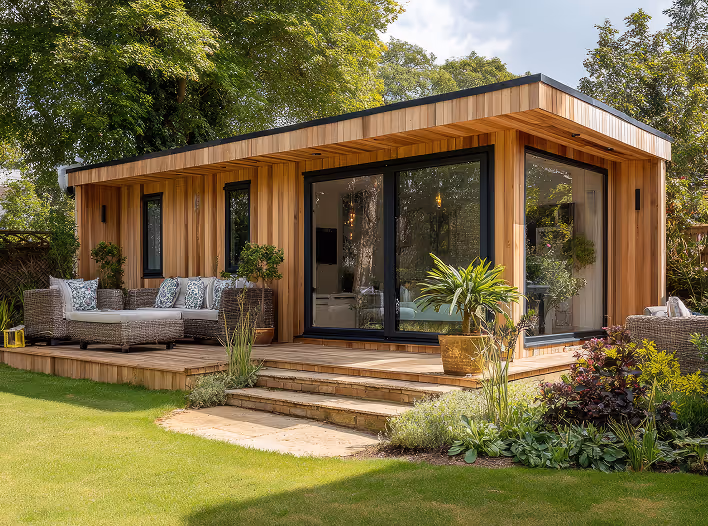 Modern wooden garden house with large glass doors on a raised deck surrounded by plants and lawn.