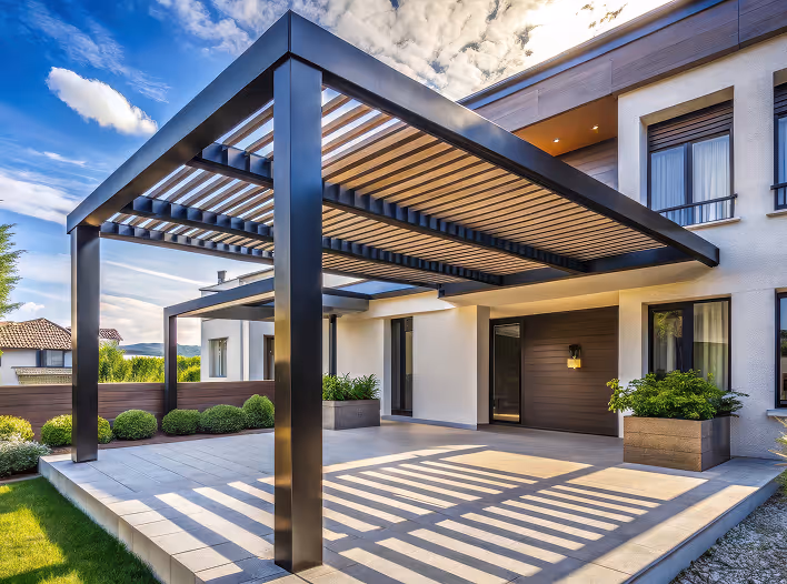 Modern patio with black metal pergola casting shadows on tiled floor outside a contemporary house.