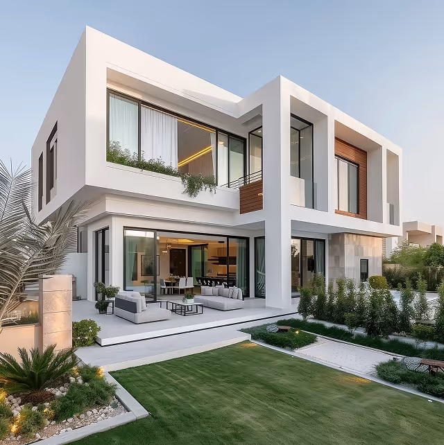 Modern two-story house with large windows, outdoor seating area, and landscaped garden at dusk.