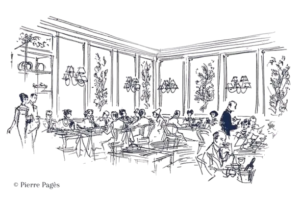 Illustration du restaurant Drouant, dessin élégant de la façade