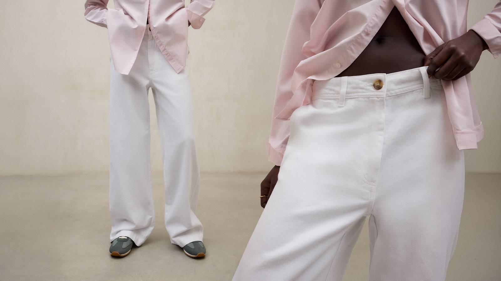 A model wearing white wide-leg Ecoalf trousers with a pale pink shirt, shown full length and in close-up