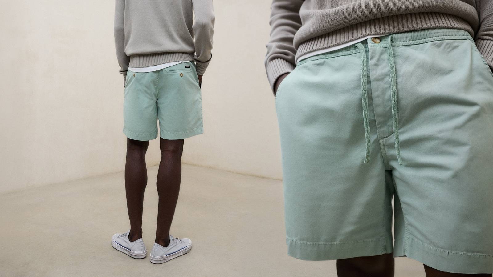 A model wearing mint-green Ecoalf shorts with a knitted jumper, shown full length and in close-up