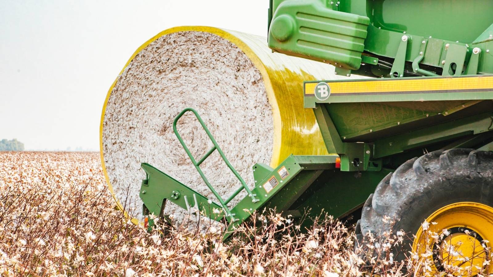 A cotton harvester unloading a yellow-wrapped round module at the edge of a picked field, Bowles Farming Company