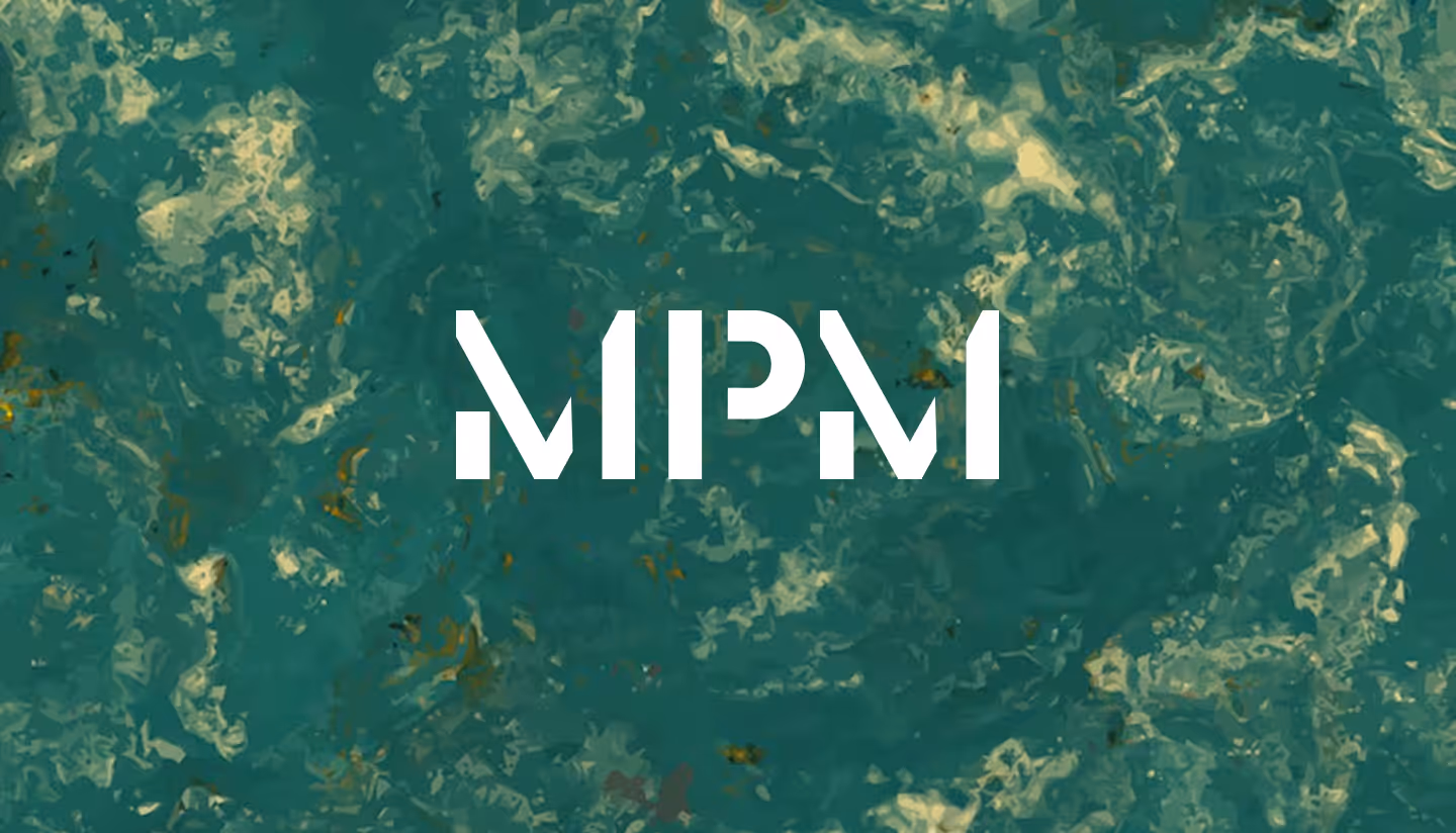 White stylized letters MPM on a green textured background.