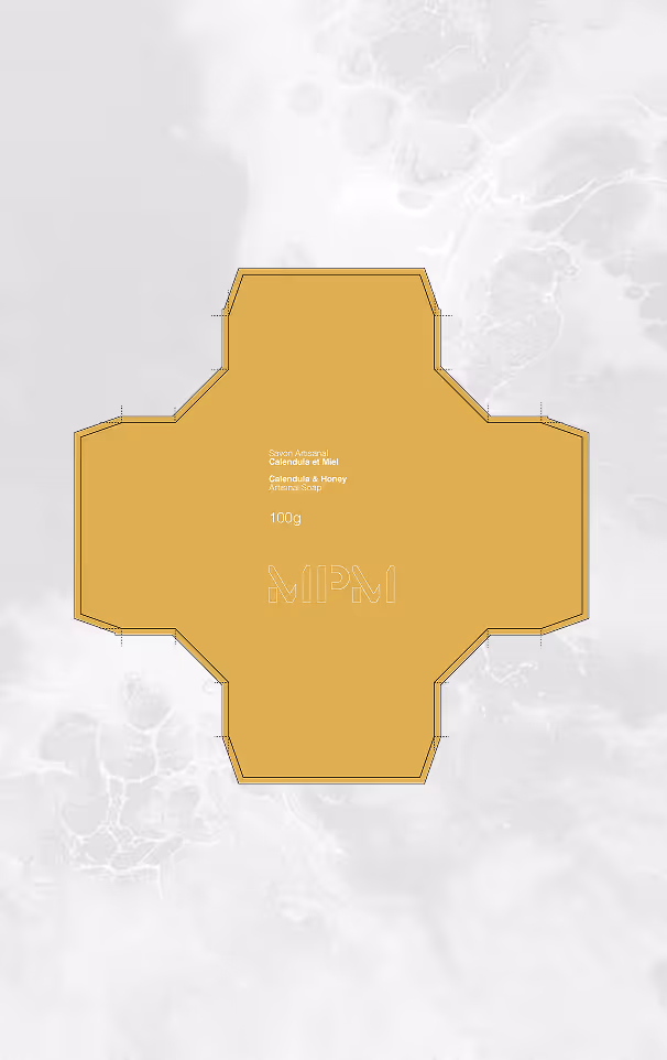 Flat dieline of a brown soap packaging with text for Calendula & Honey artisan soap, 100g, and MPM logo.