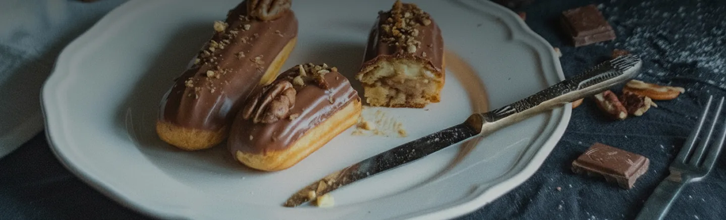 Three chocolate eclairs on a white plate, one partially eaten, with a knife, chocolate pieces, and nuts nearby.