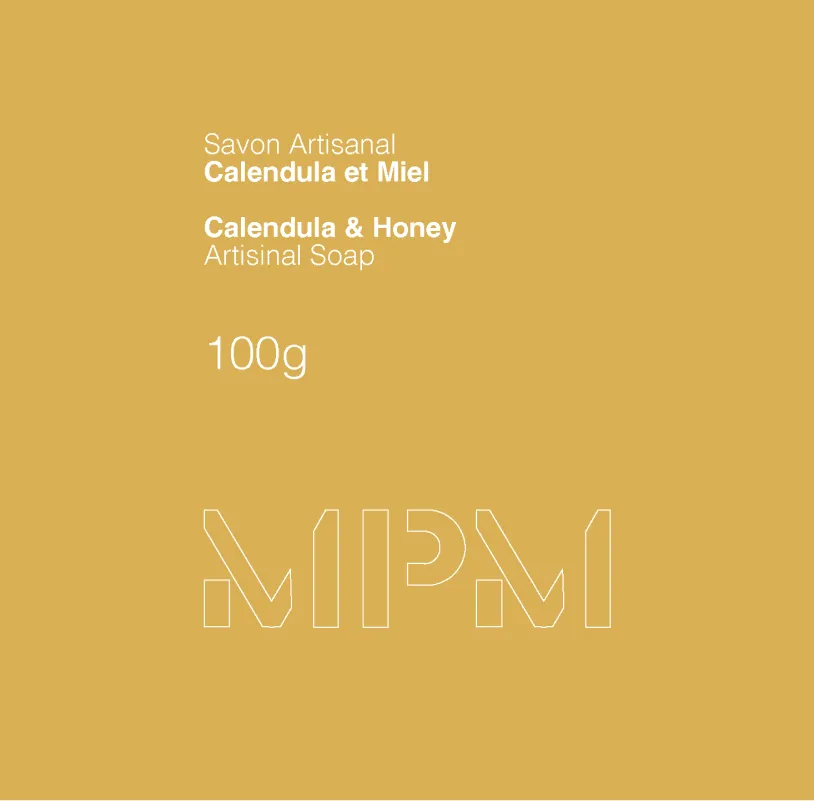 Packaging label for artisanal Calendula and Honey soap weighing 100 grams with MPM logo.