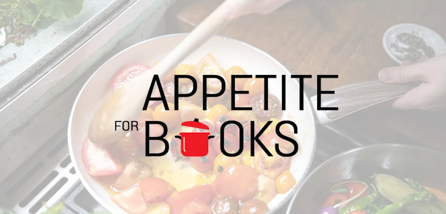Logo with text 'Appetite for Books' featuring a red cooking pot replacing the letter O in 'Books'.