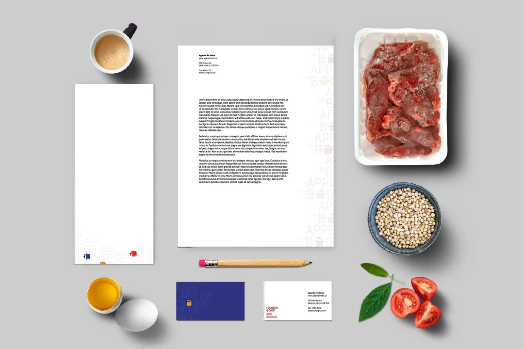 A stationary mockup for appetite for books. Surrounded by food.