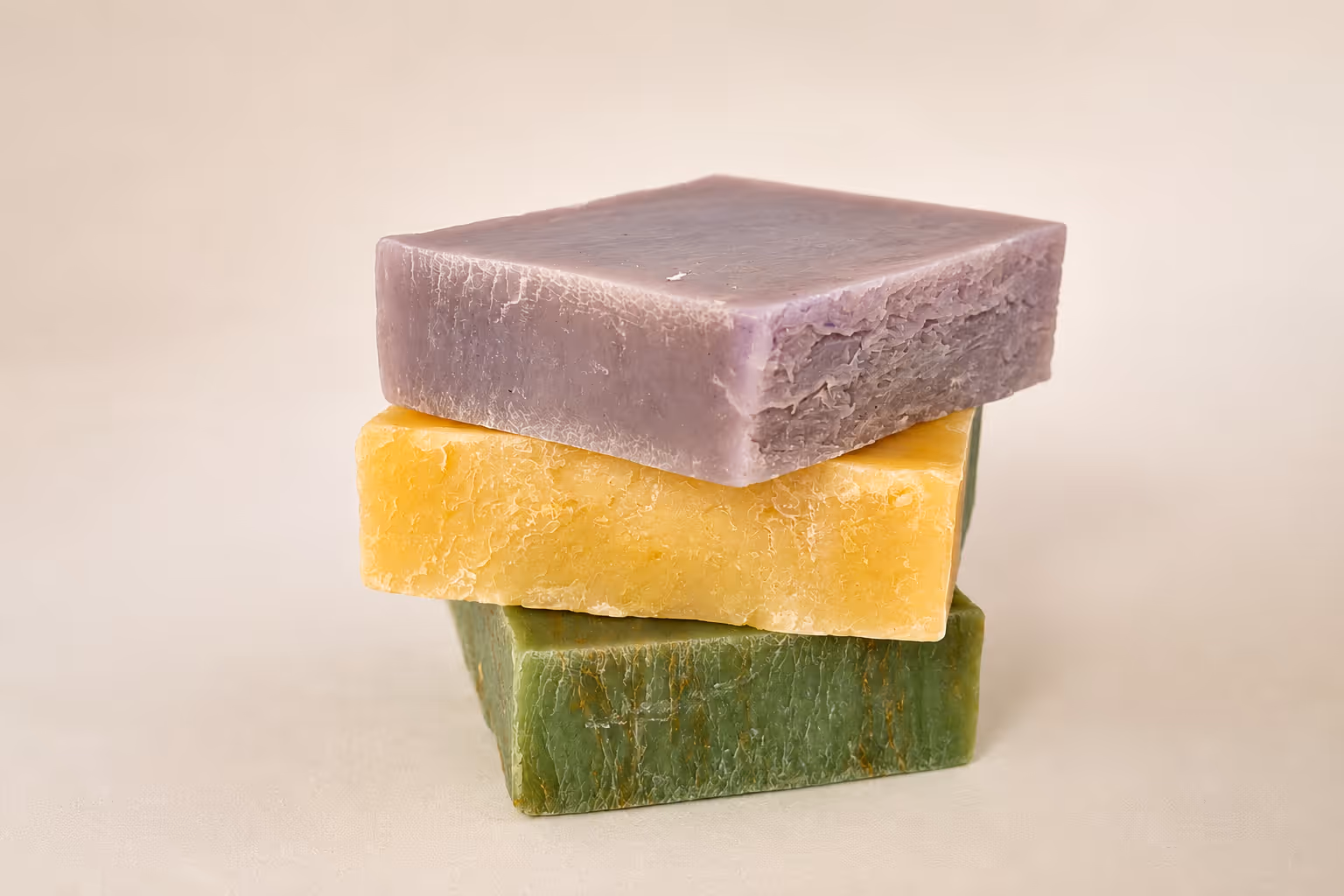 Stack of three artisanal soap bars in purple, yellow, and green on a beige background.