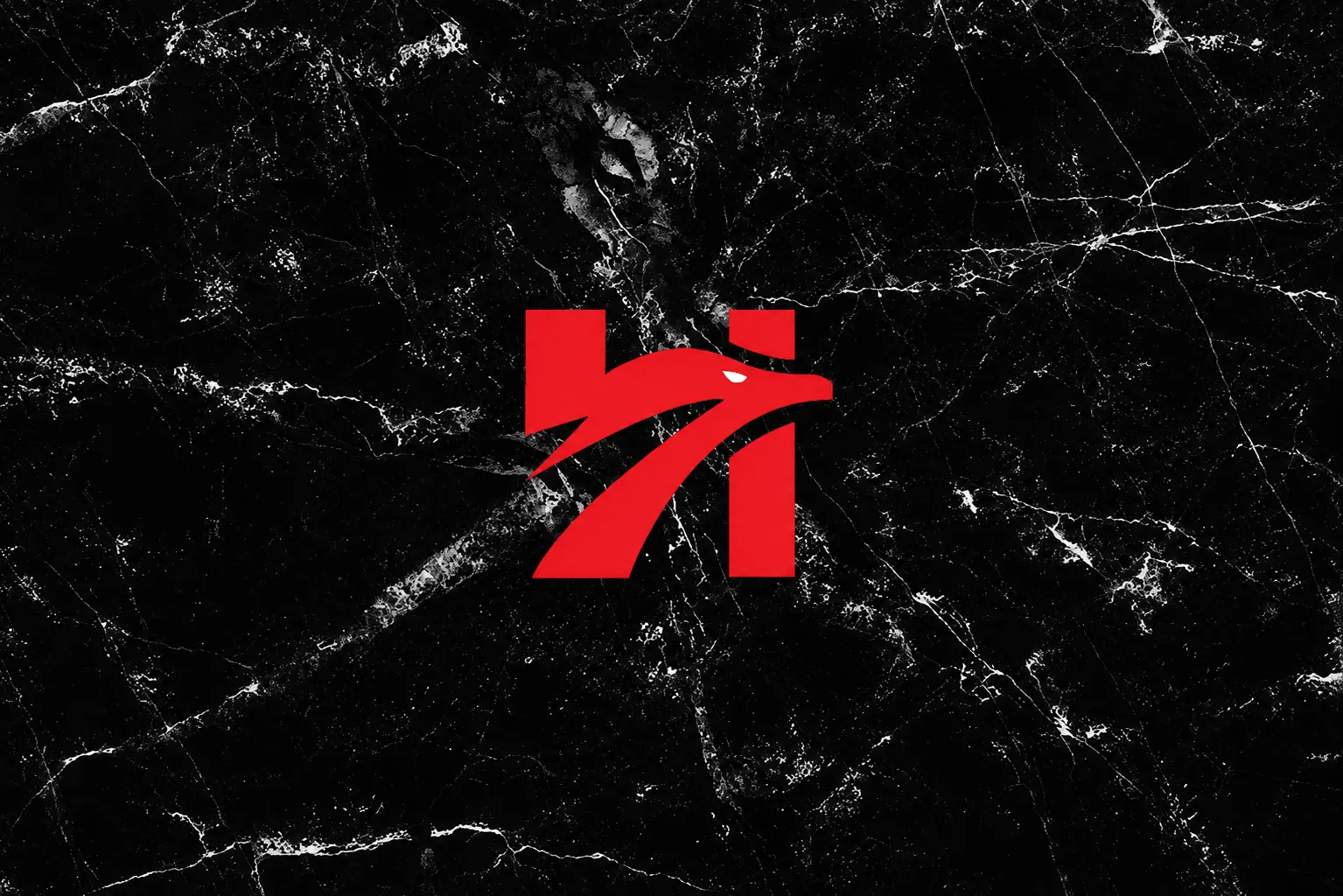 Red abstract hawk logo on black marble background with white veins.